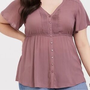 Torrid Dusty Rose Button Down Flutter Short Sleeve Blouse